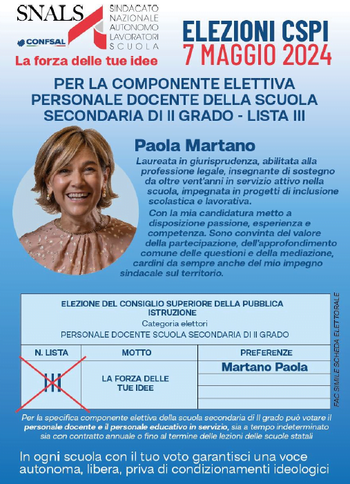 ELEZIONI CSPI 7 maggio 2024 - Personale docente scuola SECONDARIA DI II° GRADO candidata PAOLA MARTANO