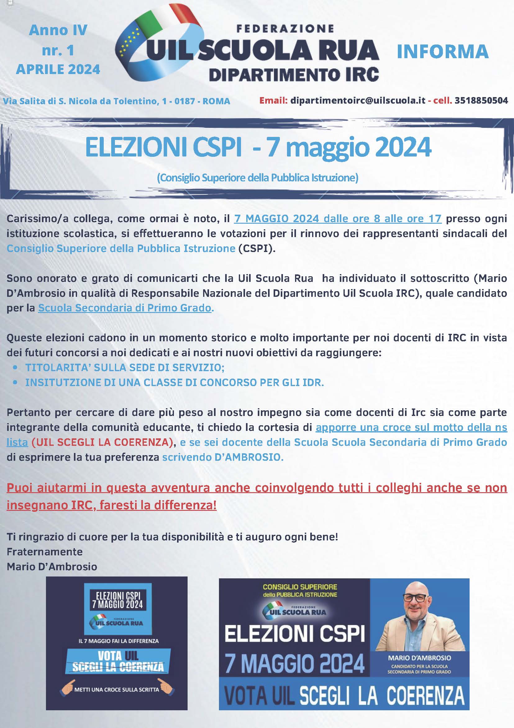 INFORMATIVA SULLE ELEZIONI CSPI DEL 7 MAGGIO 2024